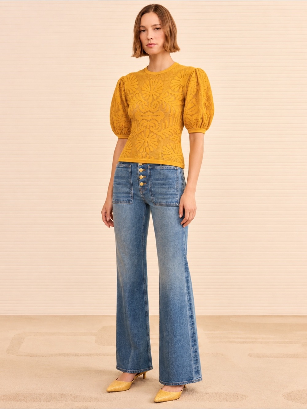 Ulla Johnson Carina Goldenrod Floral Jacquard Puff‎ Sleeve Top NWT Petite